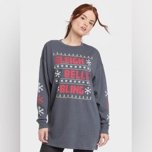 Women's Holiday Sleigh Bells Bling Long Sleeve Graphic Tunic Sweatshirt Dress